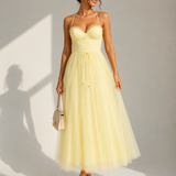 Elowina | Elegancka tiulowa sukienka midi z odkrytymi plecami i gorsetowym detalem