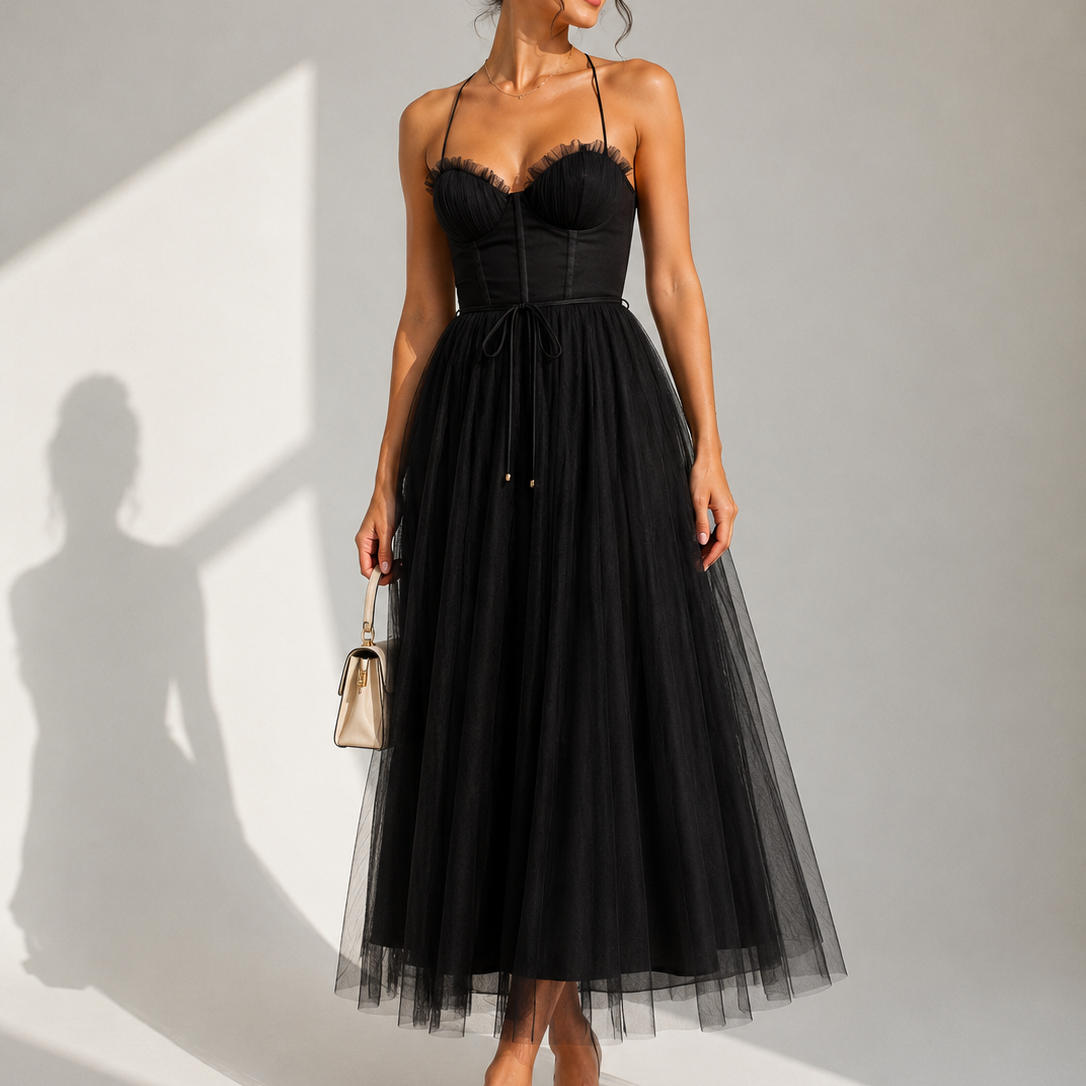 Elowina | Elegancka tiulowa sukienka midi z odkrytymi plecami i gorsetowym detalem