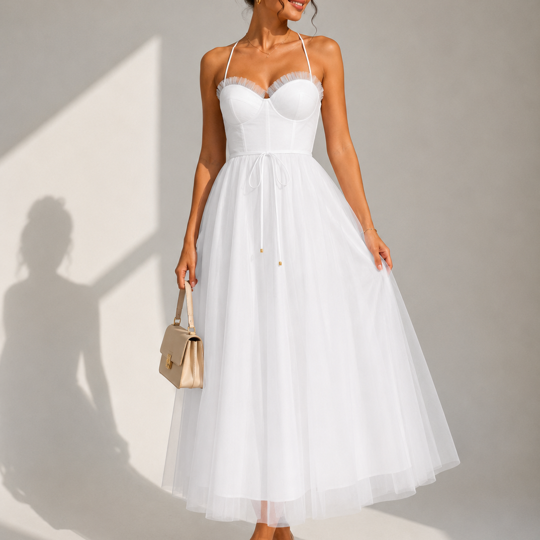 Elowina | Elegancka tiulowa sukienka midi z odkrytymi plecami i gorsetowym detalem