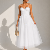 Elowina | Elegancka tiulowa sukienka midi z odkrytymi plecami i gorsetowym detalem
