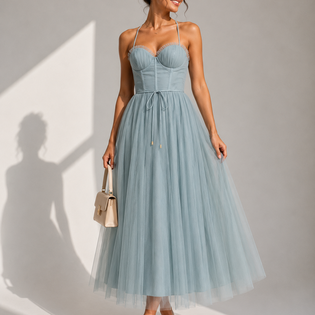 Elowina | Elegancka tiulowa sukienka midi z odkrytymi plecami i gorsetowym detalem