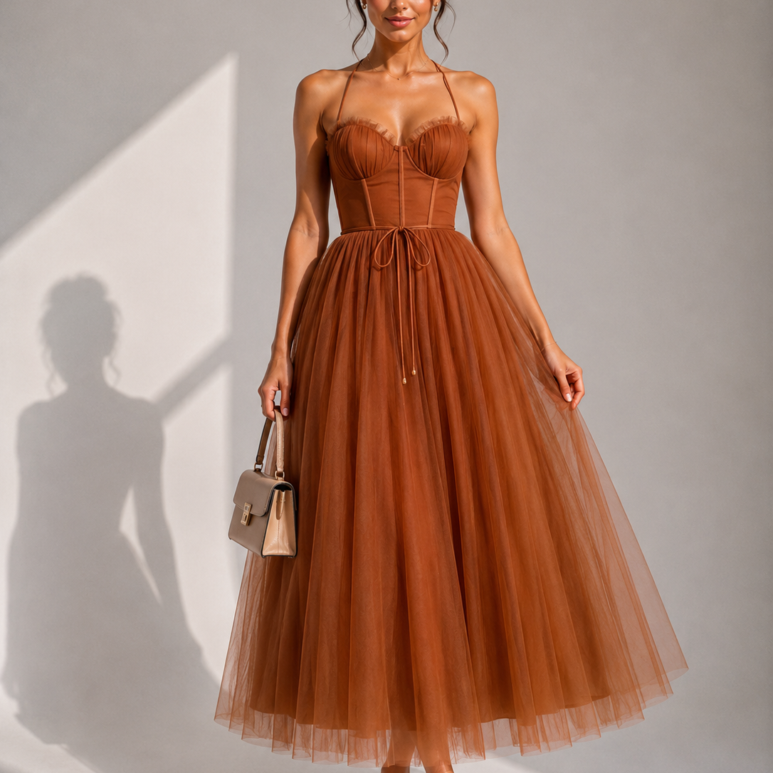 Elowina | Elegancka tiulowa sukienka midi z odkrytymi plecami i gorsetowym detalem