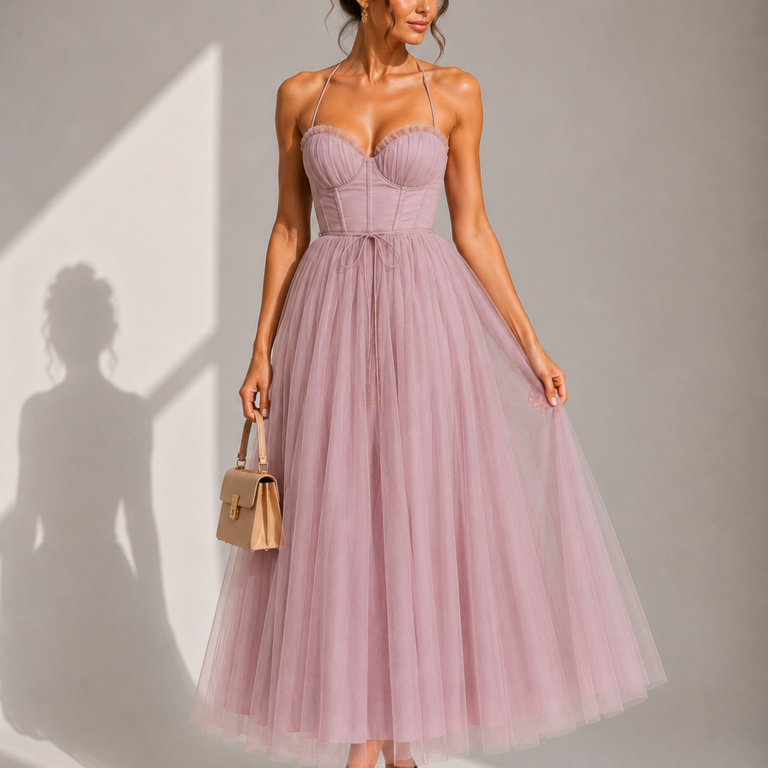 Elowina | Elegancka tiulowa sukienka midi z odkrytymi plecami i gorsetowym detalem