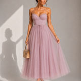 Elowina | Elegancka tiulowa sukienka midi z odkrytymi plecami i gorsetowym detalem