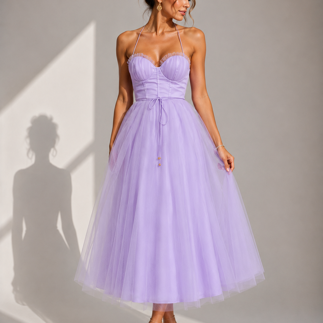 Elowina | Elegancka tiulowa sukienka midi z odkrytymi plecami i gorsetowym detalem