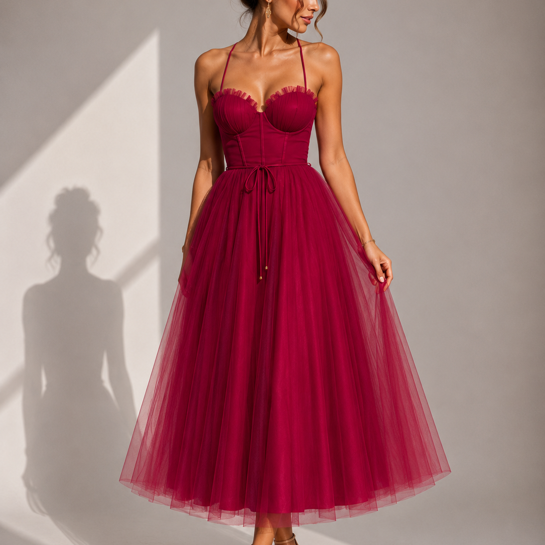 Elowina | Elegancka tiulowa sukienka midi z odkrytymi plecami i gorsetowym detalem