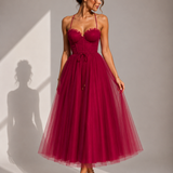 Elowina | Elegancka tiulowa sukienka midi z odkrytymi plecami i gorsetowym detalem