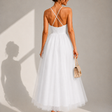 Elowina | Elegancka tiulowa sukienka midi z odkrytymi plecami i gorsetowym detalem