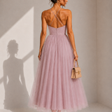 Elowina | Elegancka tiulowa sukienka midi z odkrytymi plecami i gorsetowym detalem