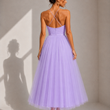 Elowina | Elegancka tiulowa sukienka midi z odkrytymi plecami i gorsetowym detalem