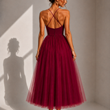 Elowina | Elegancka tiulowa sukienka midi z odkrytymi plecami i gorsetowym detalem